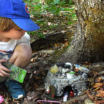 child looks at fairy house